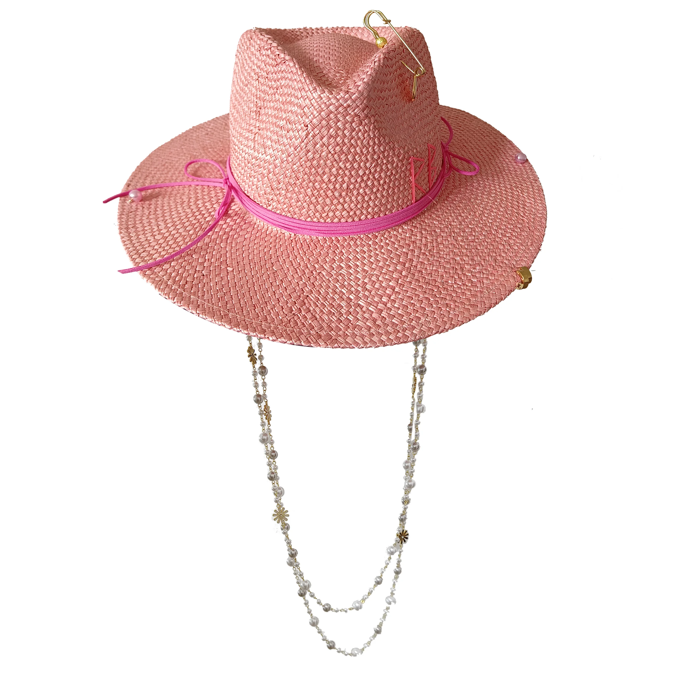 Peach pink straw hat letter handmade design hat pearl chain summer sun hat new letter hat beach women gorras para hombres