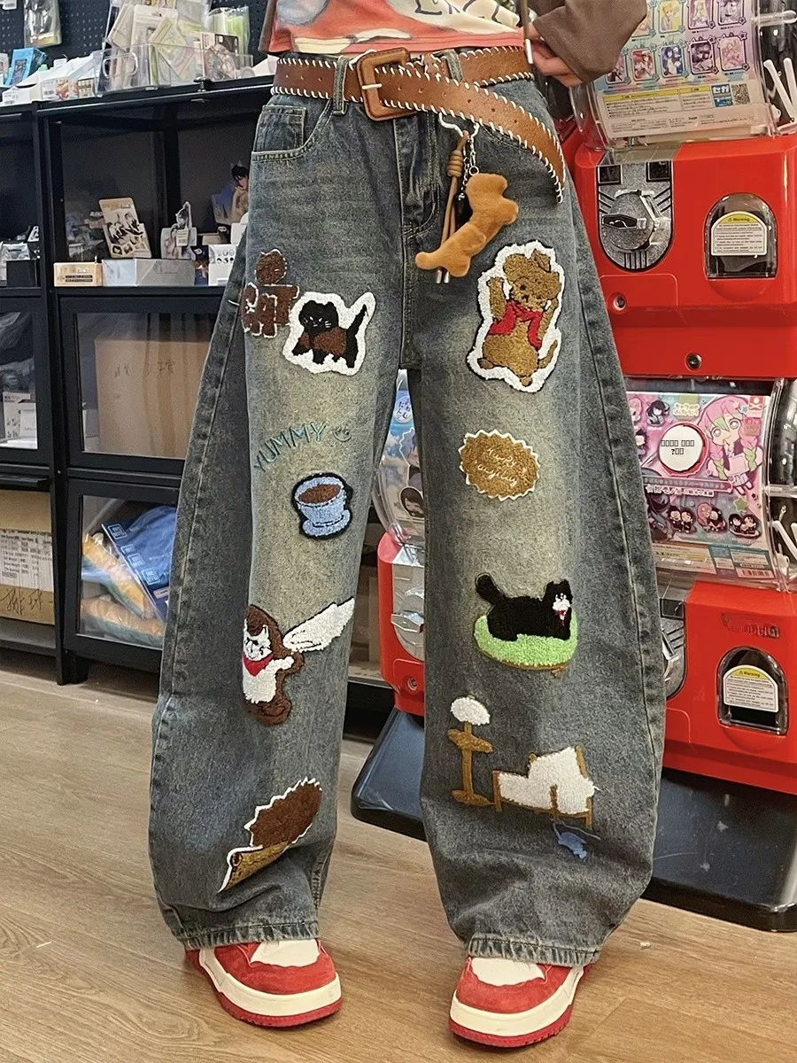 

Ретро-джинсы в американском стиле с вышивкой, свободные повседневные длинные брюки, модные джинсы с высокой талией из плотного денима