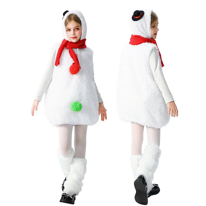 

Детский рождественский костюм без рукавов с капюшоном, белая одежда со снеговиком для девочек с красным шарфом, аксессуары, детский костюм для выступлений