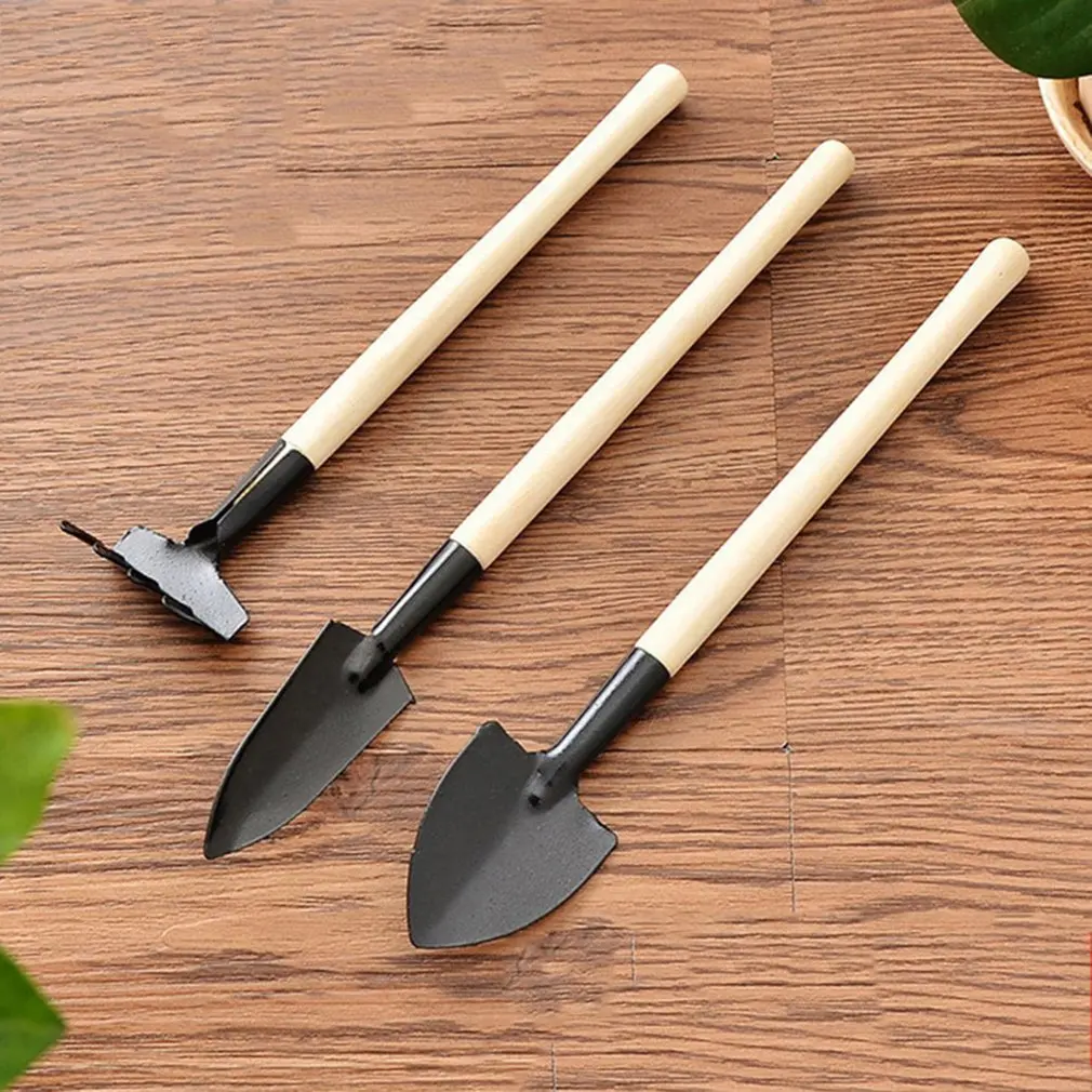 3Pcs Punho De Madeira Ferro Jardim Pá Rake Pá para Flores Vasos de Plantas Bonsai Mini Conjunto de Ferramentas de Jardinagem Cavando Capina