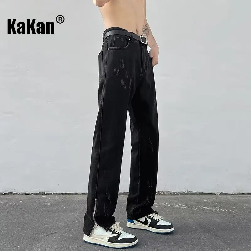 Kakan-Europe and The United States New Pure Black Zipper Open Jeans, Summer High Street Slim Small Foot Jeans K86