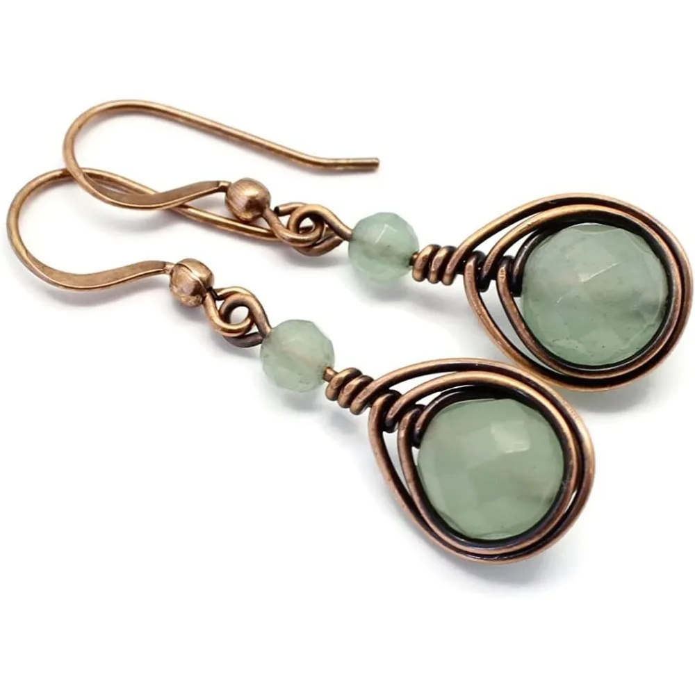 

Handcrafted Solid Copper Drop Earrings with Green Aventurine Antiqued Finish
