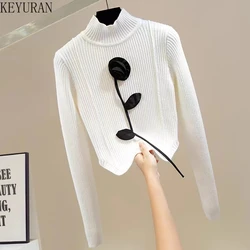 Irregular Sweet Three-dimensional Flower Sweater Women 2023 Autumn Fashion High Neck Long Sleeve Slim Fitting Short Knitted Tops