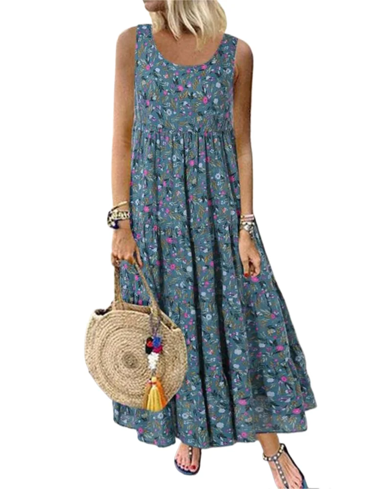 

Floral Sleeveless Loose Long Boho Casual Dress Women Summer Fashion O Neck Elegant Office Holiday Beach Party Dresses Robe Femme