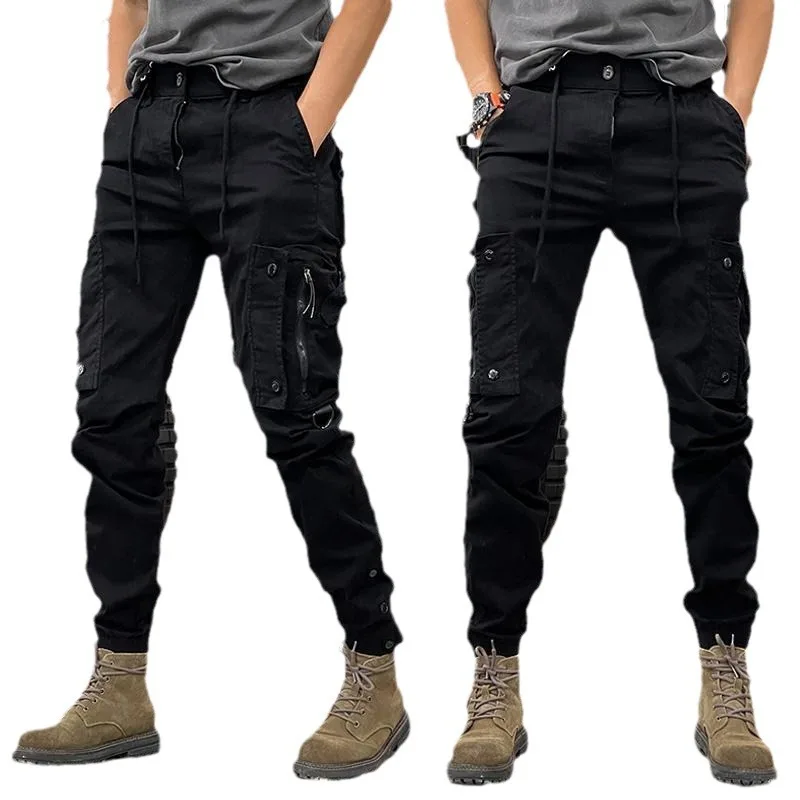 Cotton  Pants for Mens Elastic Casual Trousers Zipper Multi-Pocket Joggers Fashion Khaki Black  Green