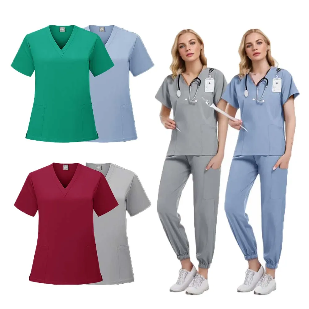 Multicolour Jogger Suits Doctor Nursing Uniforms Short Sleeve V-neck Tops Pocket Pants Nurse Scrubs Set Medical Uniforms Woman