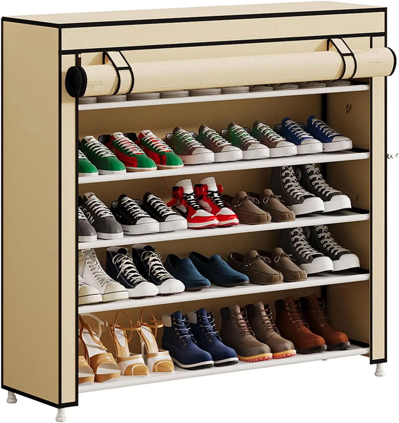 

5-Tier Shoe Rack Organizer, 25-Pair Storage, Portable with Nonwoven Cover, Beige