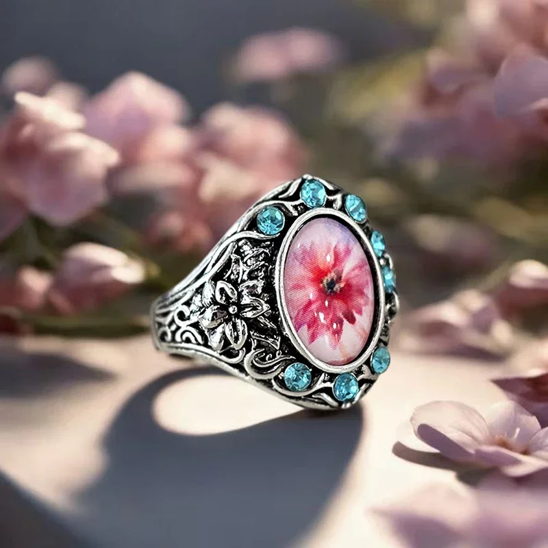 Huitan Vintage Ornate Floral Ring with Pink Flower Print Vintage Party Women Accessories Fancy Blue CZ Bohemian Gentle Jewelry