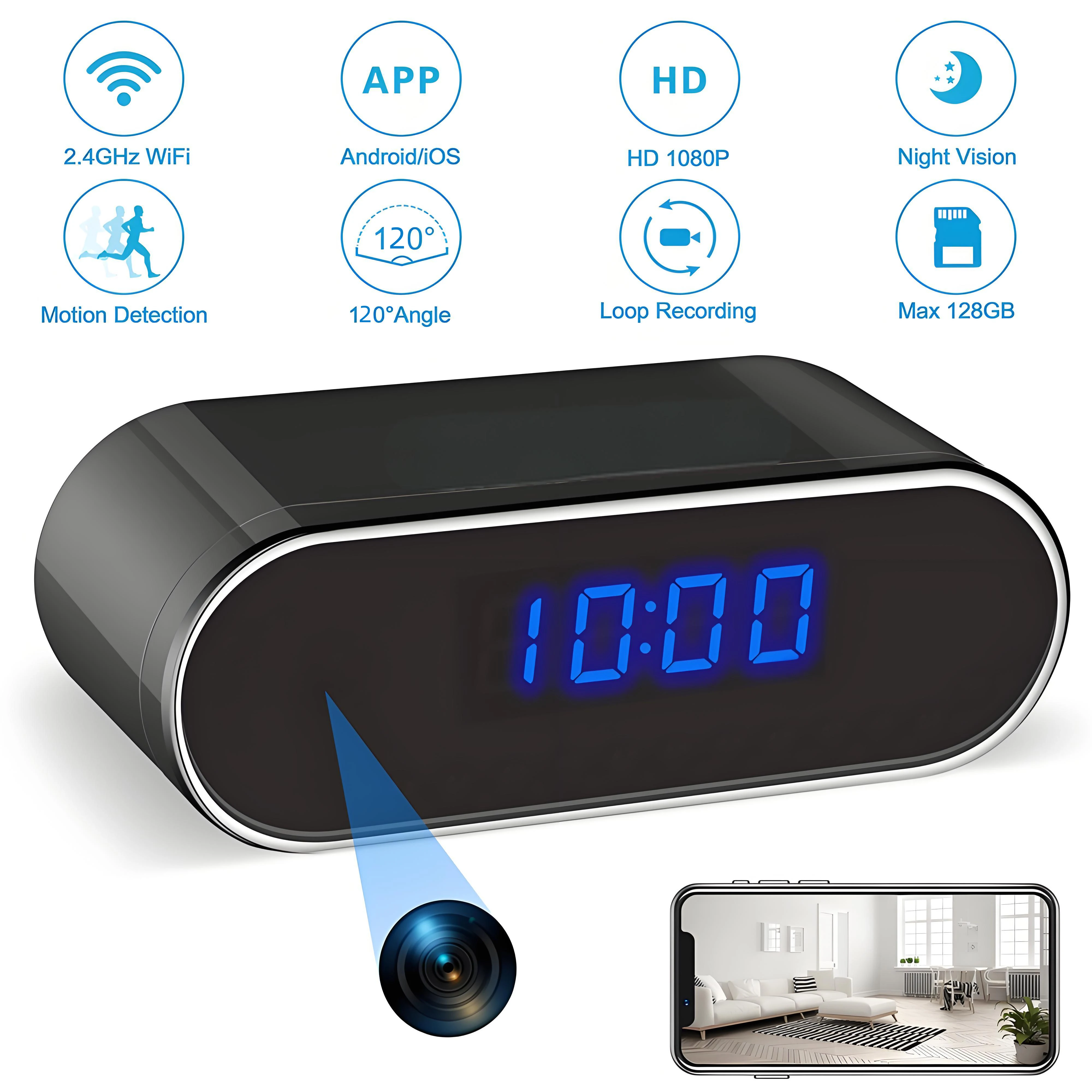 2025 New 4K high-definition WiFi mini clock digital video recorder, night vision, motion detection, supports ultra large 128GB