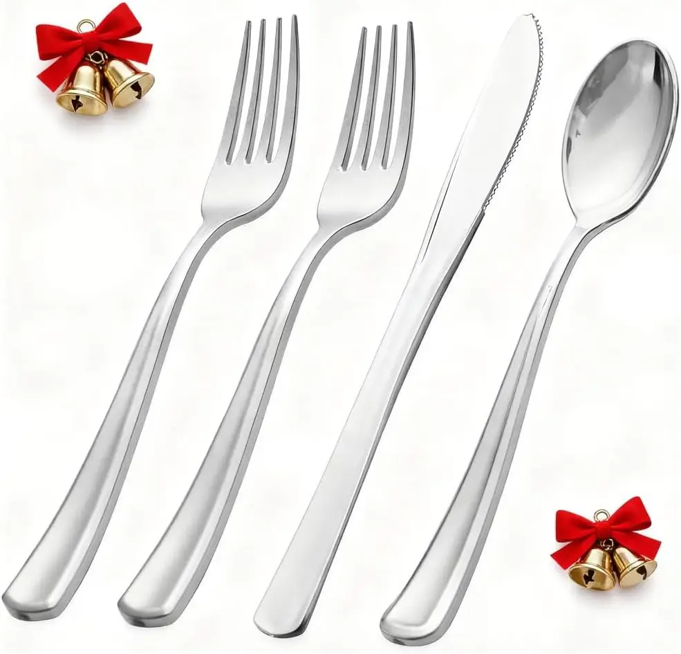 

500PCS Silver Plastic Utensils Set: 250 Forks, 125 Spoons, 125 Knives for Parties, Wedding, Christmas