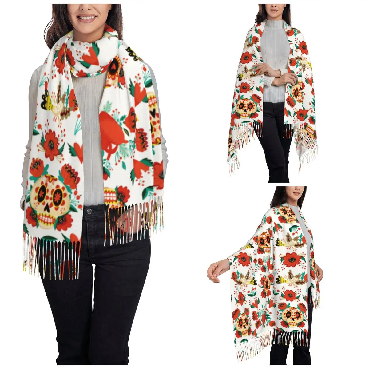 Women's Tassel Scarf Sugar Skull Halloween Mexican Long Winter Warm Shawl and Wrap Folk Style Reversible Pashmina Scarves