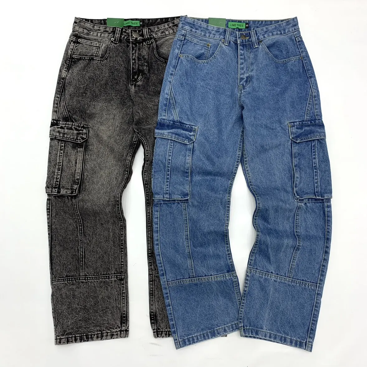 

Heavyweight Washed Distressed Multi-Pocket 100% Cotton Cargo Denim Jeans Men Japanese Retro Loose Straight Wide-Leg Long Pants
