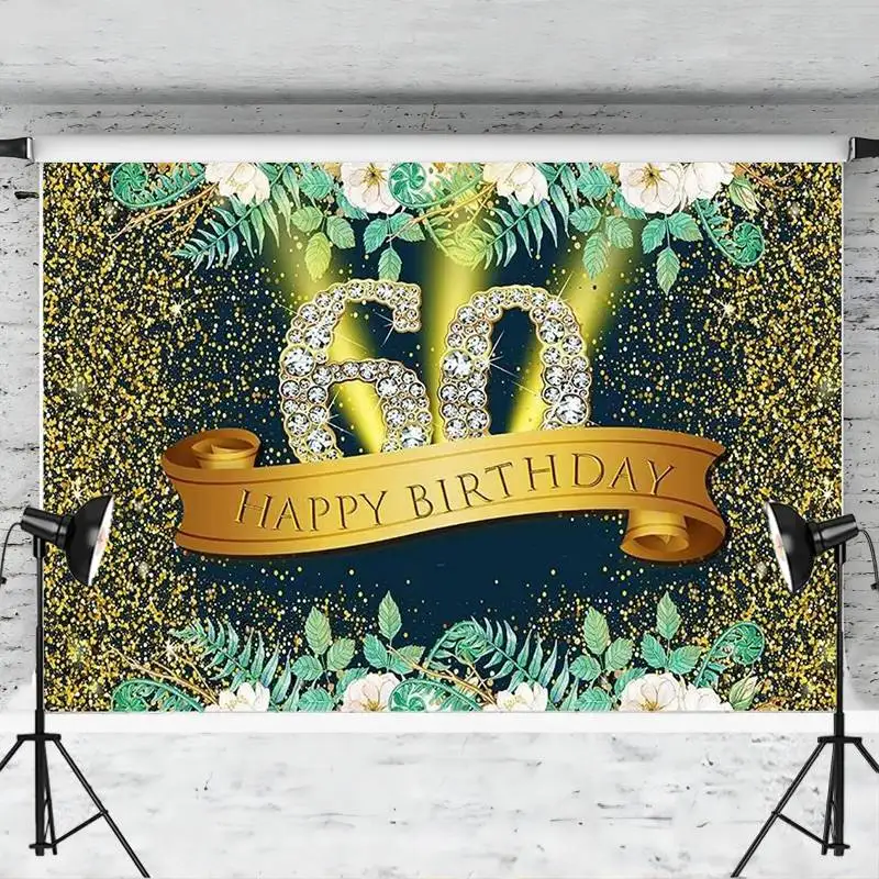 Happy 60th Birthday Backdrop Banner Gold Silver Glitter Diamond Bokeh Background Tropical Palm Green Floral Party Decoration