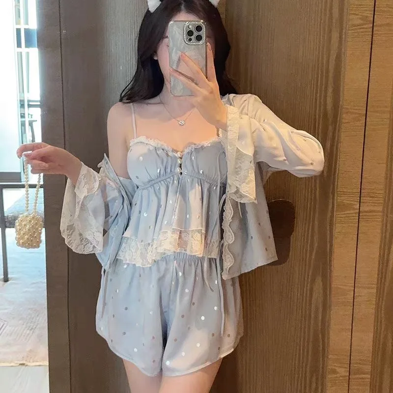 

Elegant Blue Women Nightwear 4PCS Pajamas Set Polka Dot Shirt Sling Shorts Pants Pijamas Suit Home Clothes