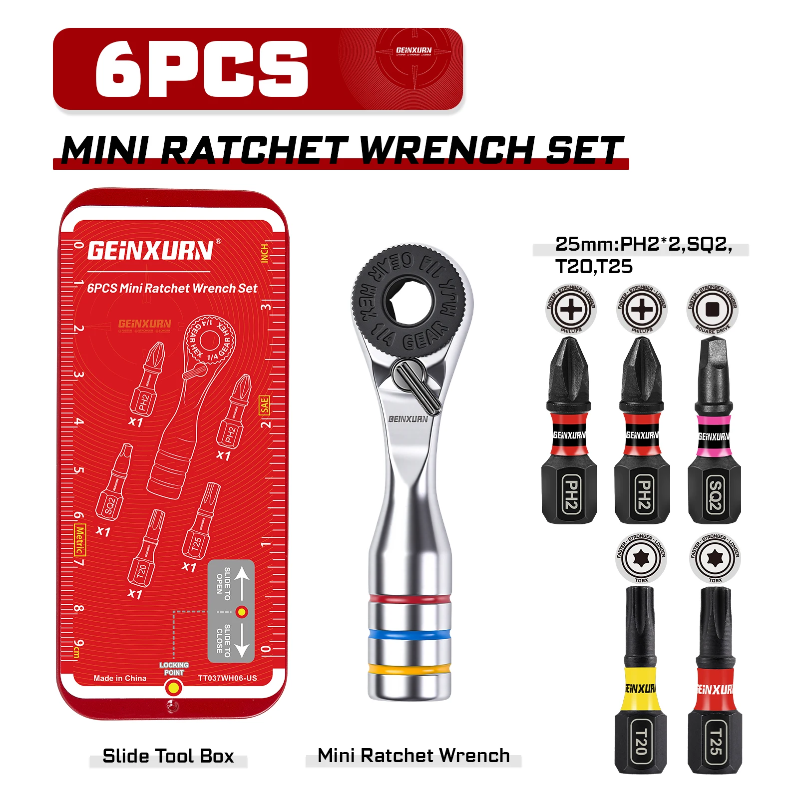 Geinxurn 6-delige mini-ratelset, ULTRA TORQUE bits met 1' PH2, PZ2, T20, T25, SQ2, draagbare ijzeren koffer