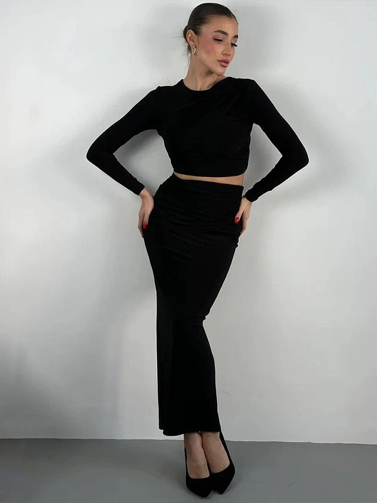 

Macheda Cross Ruched 2 Piece Set Women o-Neck Full Sleeve Crop Tops+Skinny Long Skirt Matching Daily Causal Elegant Trend Suits