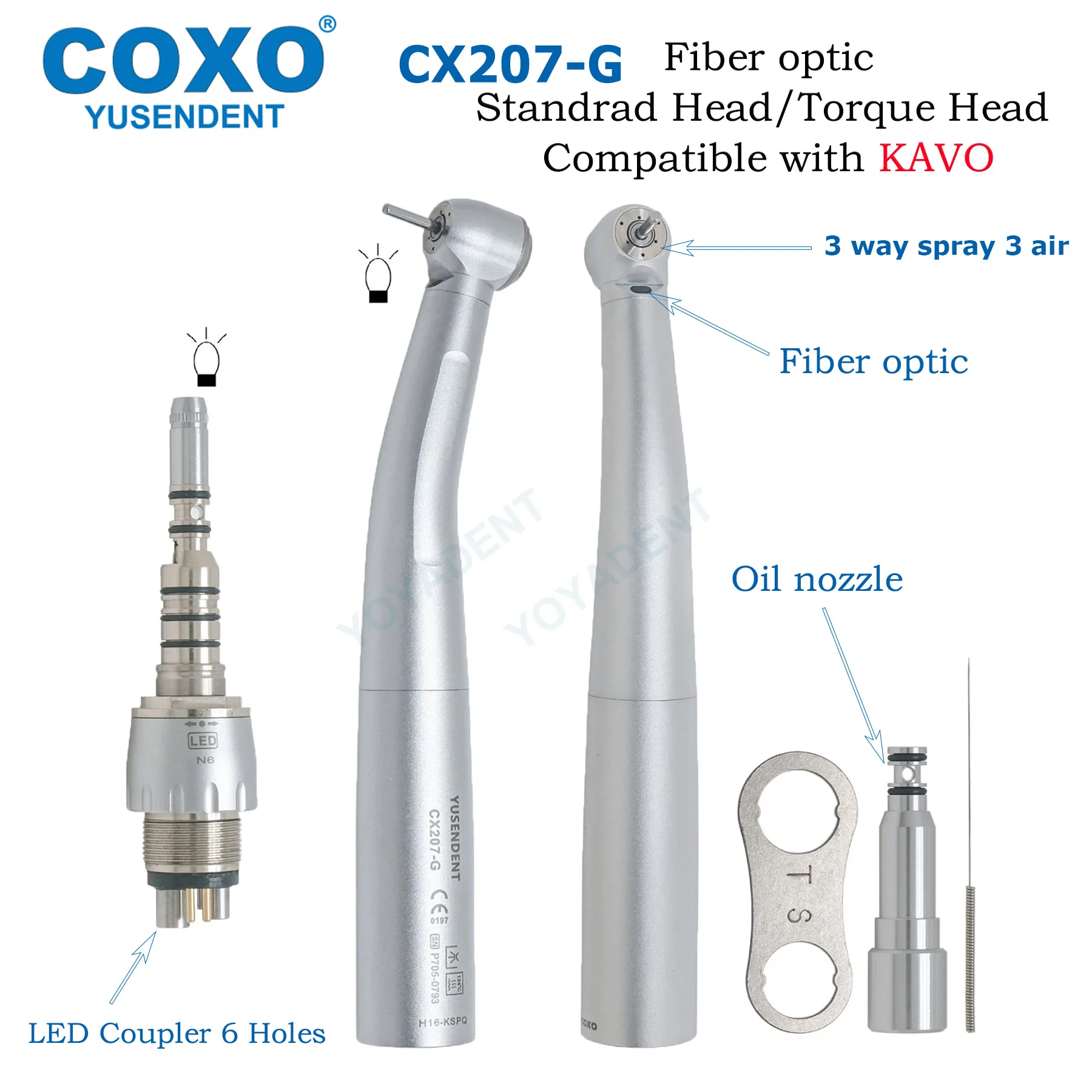 COXO CX207-G Tandheelkundige Turbine Fiber Optic Hoge Snelheid Handstuk FG Bur Handstuk Standrad/Koppelkop LED Koppeling 6 Pin Fit KAVO - afbeelding 2