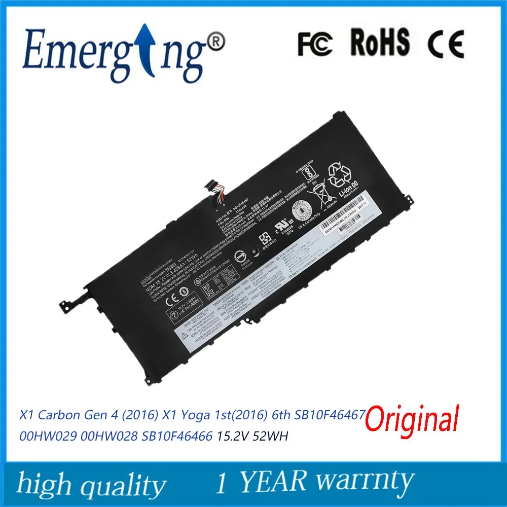 

15.2V 52WH New Laptop Battery SB10F46467 for Lenovo ThinkPad X1 Carbon Gen 4 Yoga 1st(2016) 6th 00HW028 00HW029