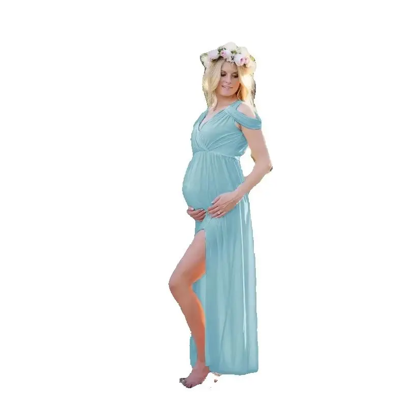 European & American Maternity White Sexy Deep V-Neck Short Sleeve Full-Length Mercerized Cotton Bodycon Train Photography Dress