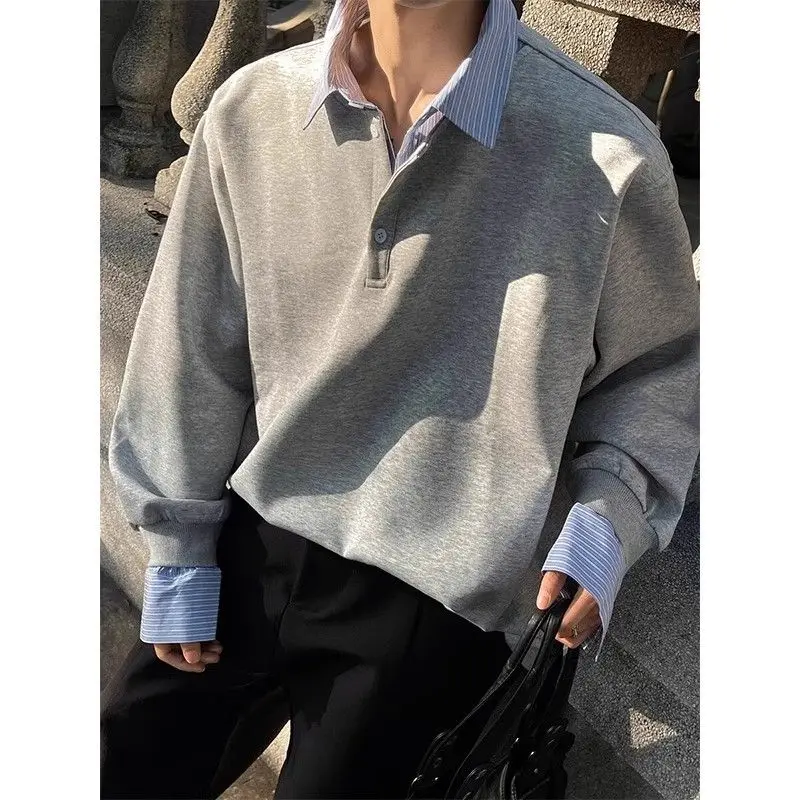 

Мужская толстовка с капюшоном Long Sve и irt Collar Korean Sle Spring Faion Jaet College Sle Генри Collar Top