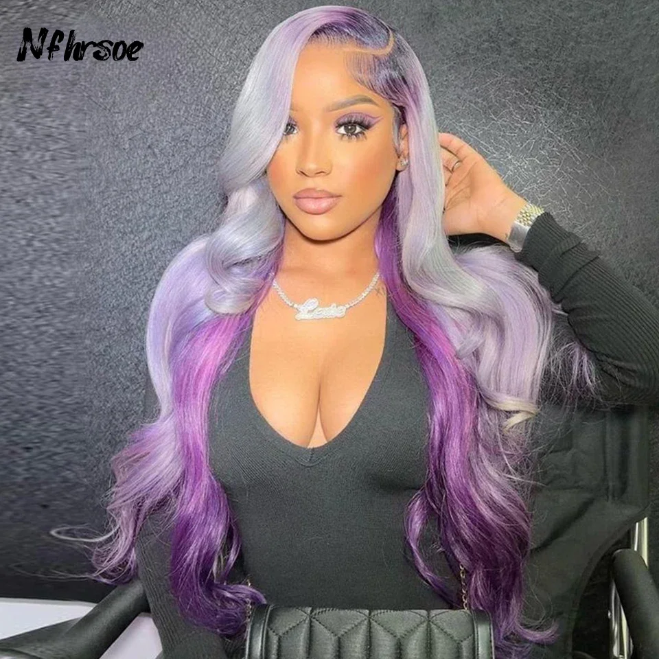 

Body Wave Grey Purple 13x4 HD Colored Lace Frontal Wigs Cosplay Brazilian Human Hair Wig For Women Pre Plucked 180 Density