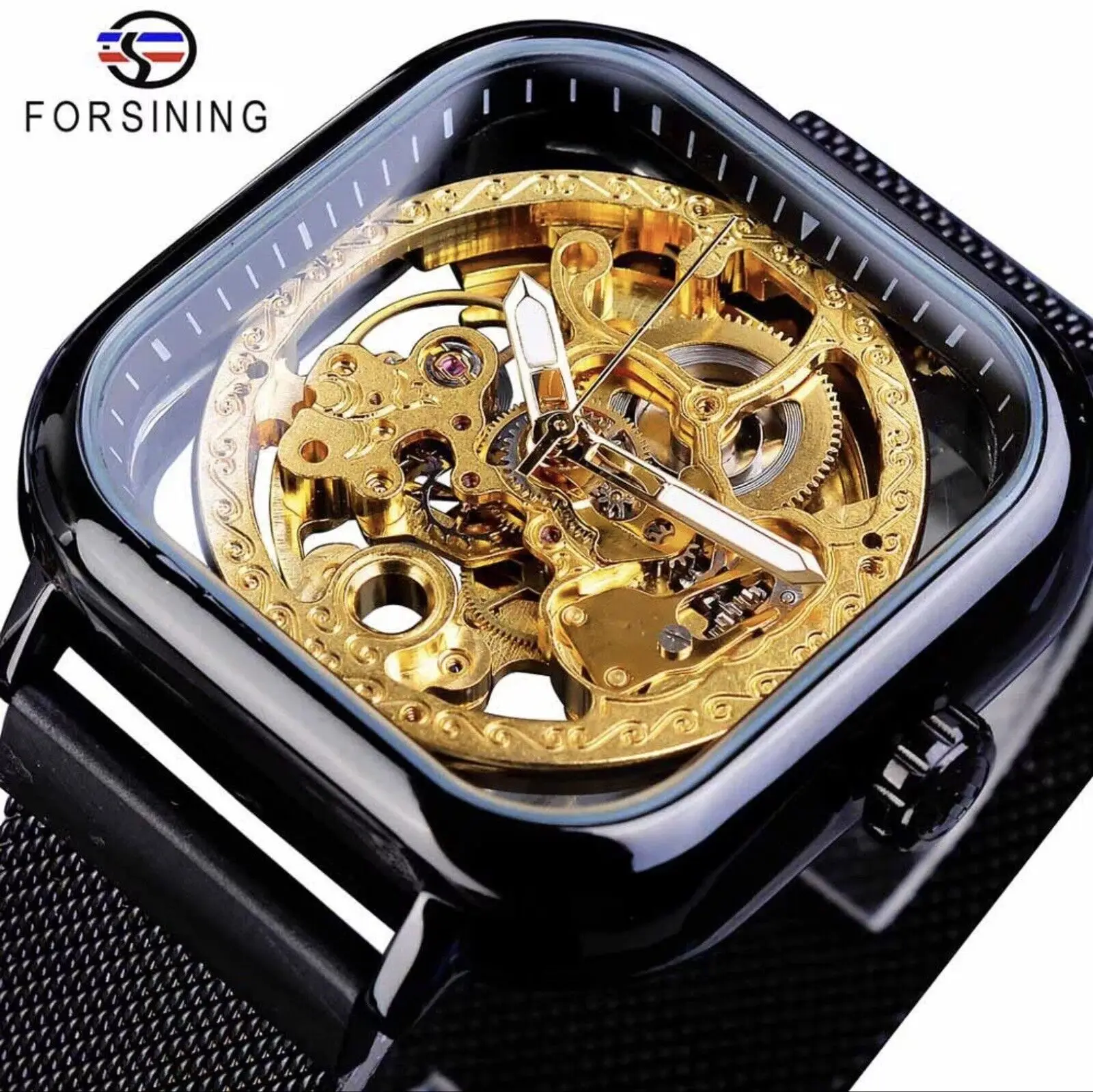 Forsining Mens Black Automatic Mechanical Steampunk Mesh Watch Great Gift Idea Мужские автоматические часы