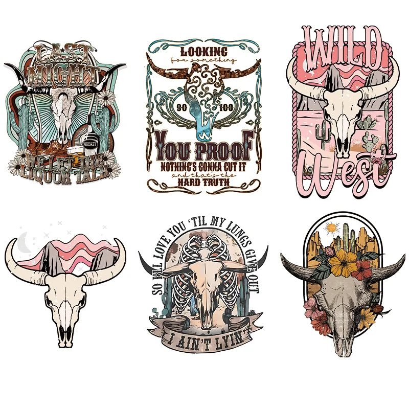 Western Bull Head  Iron On Transfer Patches For Clothes Washable Diy Heat Transfers Sticker Iron On Washable Decals