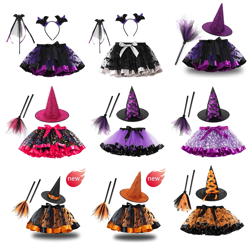 3Pcs Girls Halloween Skirt Kids Dance Party Costume Toddler Tulle Skirt Hat Broom Set Halloween Cosplay Dress Up For Little Girl