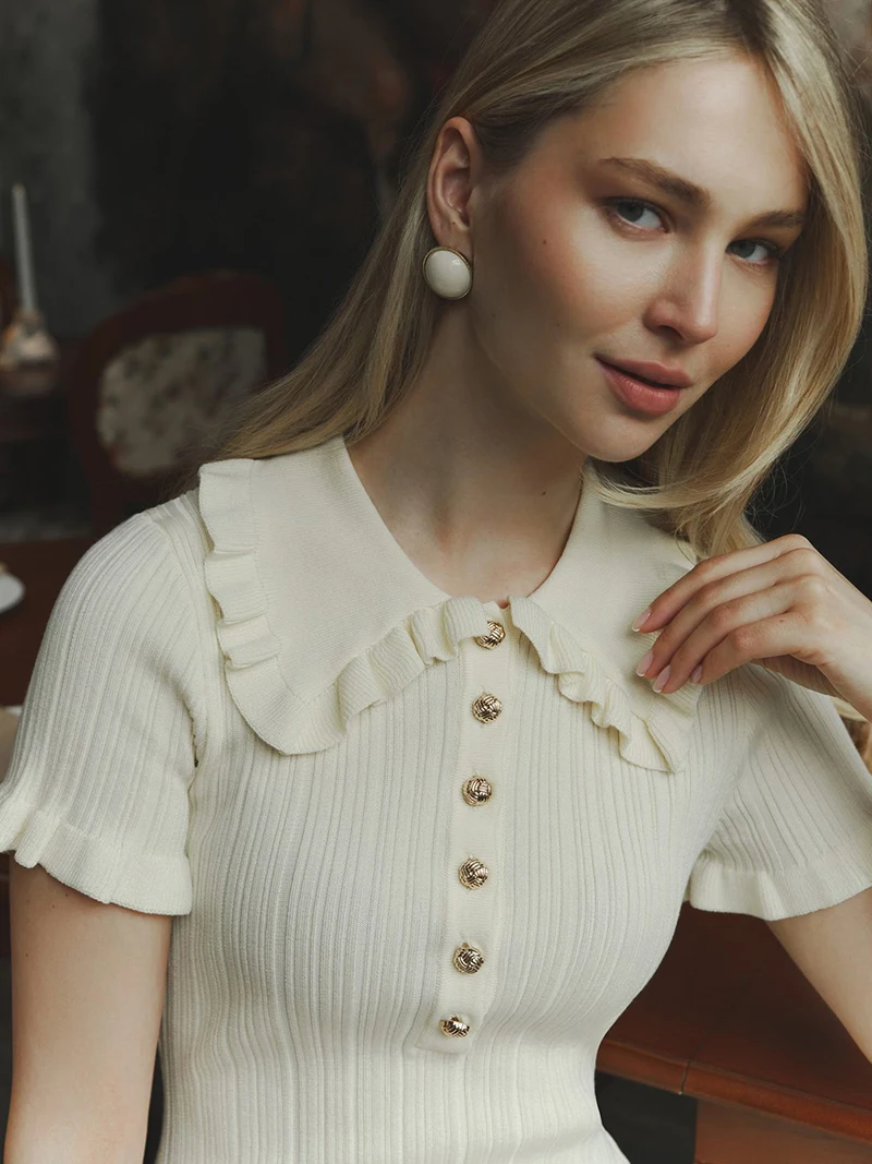 New Ruffle Knitted Mini Dress for Women Slim Fit 2025 Summer Short Sleeve Dress Elegant High Waist Bodycon Retro Female Dress