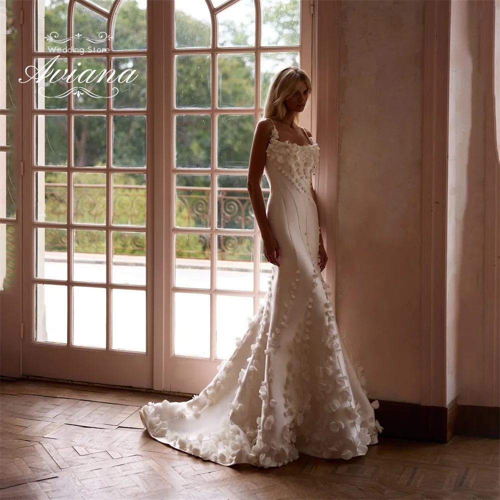 Aviana مخصص يزين زهرة حورية البحر فستان الزفاف سويب تراين السباغيتي حزام مربع الخامس بلا أكمام طول الأرض أنيقة #1