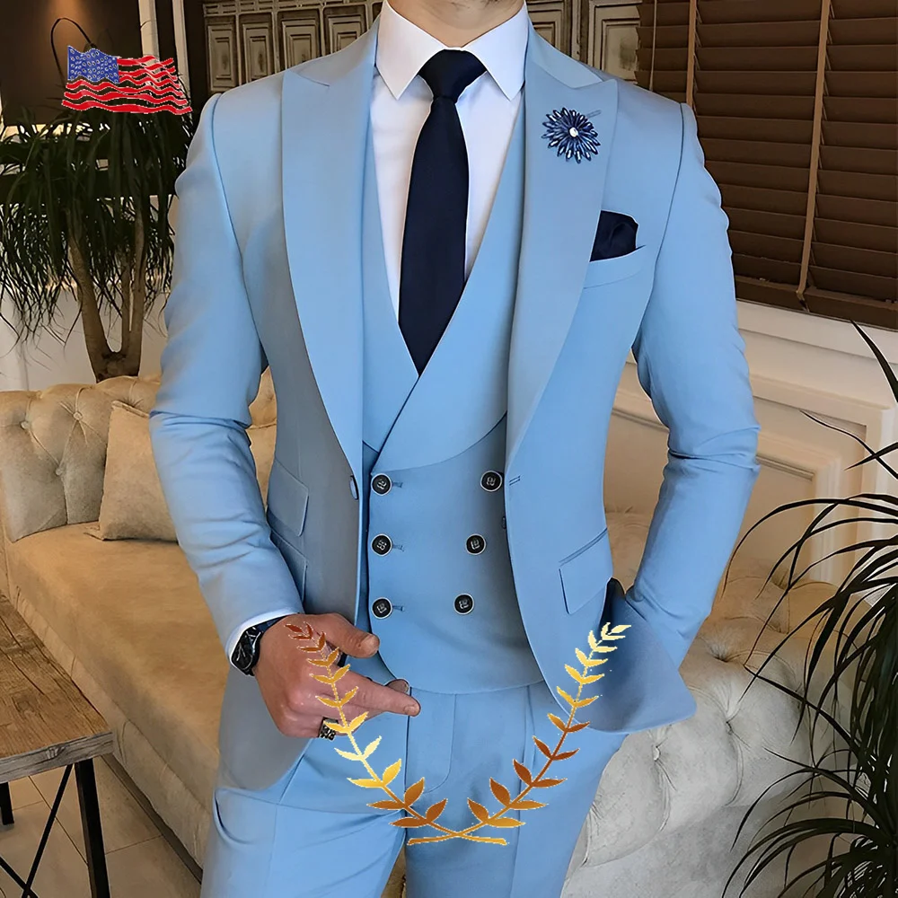 Sky Blue Groom Wedding Tuxedo Men's Suit Jacket Pants Vest 3-piece Set Slim Fit Handsome Men Blazer for Party