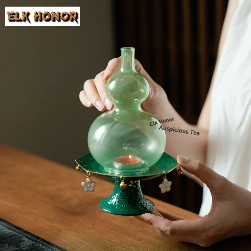 Portavelas de calabaza de loto con patrón Xuan de pie alto verde Jade, velas aromáticas perfumadas antiguas, luces de velas, artículos de té Literati