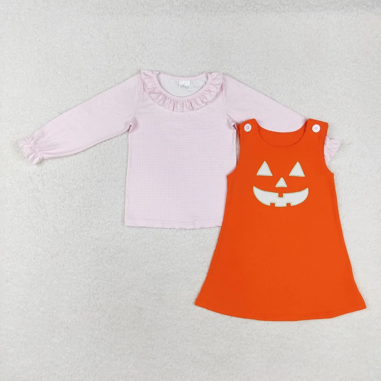 Wholesale Toddler Long Sleeves Pink Shirt Embroidery Pumpkin Orange Dress Children Kids Halloween Outfit Baby Girl Set Clothing