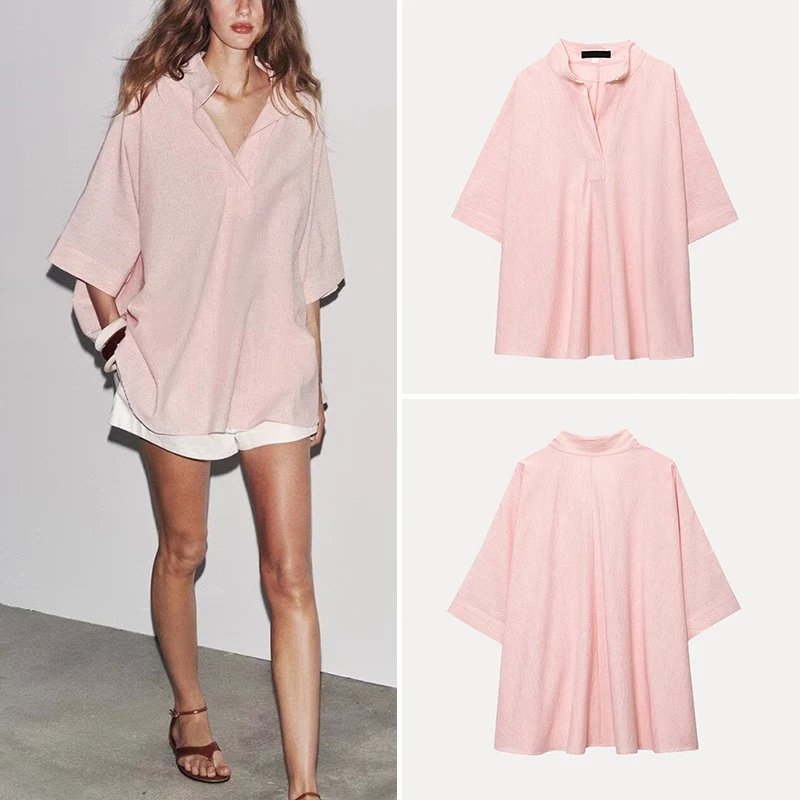 

2025 Summer New Sle Women's Faionable Loose Cowl Ne irt Striped Commute Simple Polyester Fiber ort Sve Casual