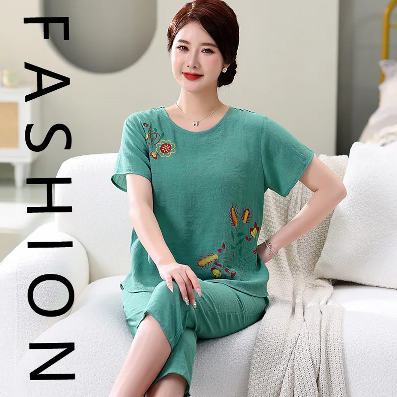 

Пижамы женские летние с короткими рукавами костюм из хлопка и льна среднего и пожилого возраста, женская домашняя одежда для мамы, женская одежда, которую можно мы