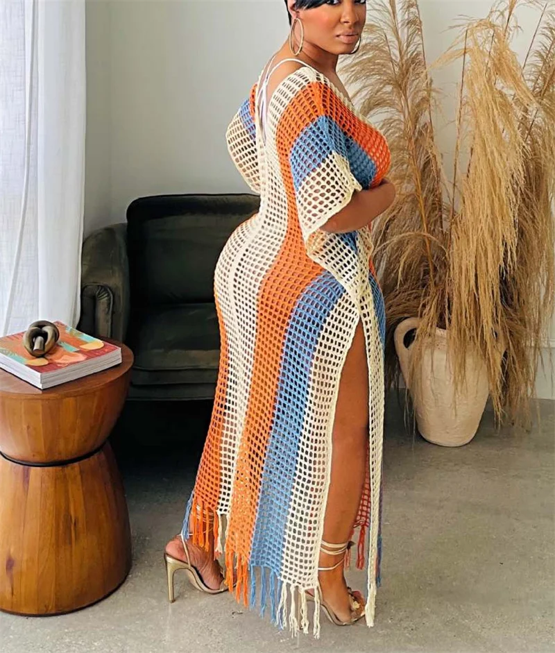 XXL المرأة مثير العميق الخامس عارية الذراعين شرابة مخطط فستان منسوج طويل بوهو شاطئ ملابس السباحة الجانب الشق الجوف خارج الكروشيه بيكيني التستر