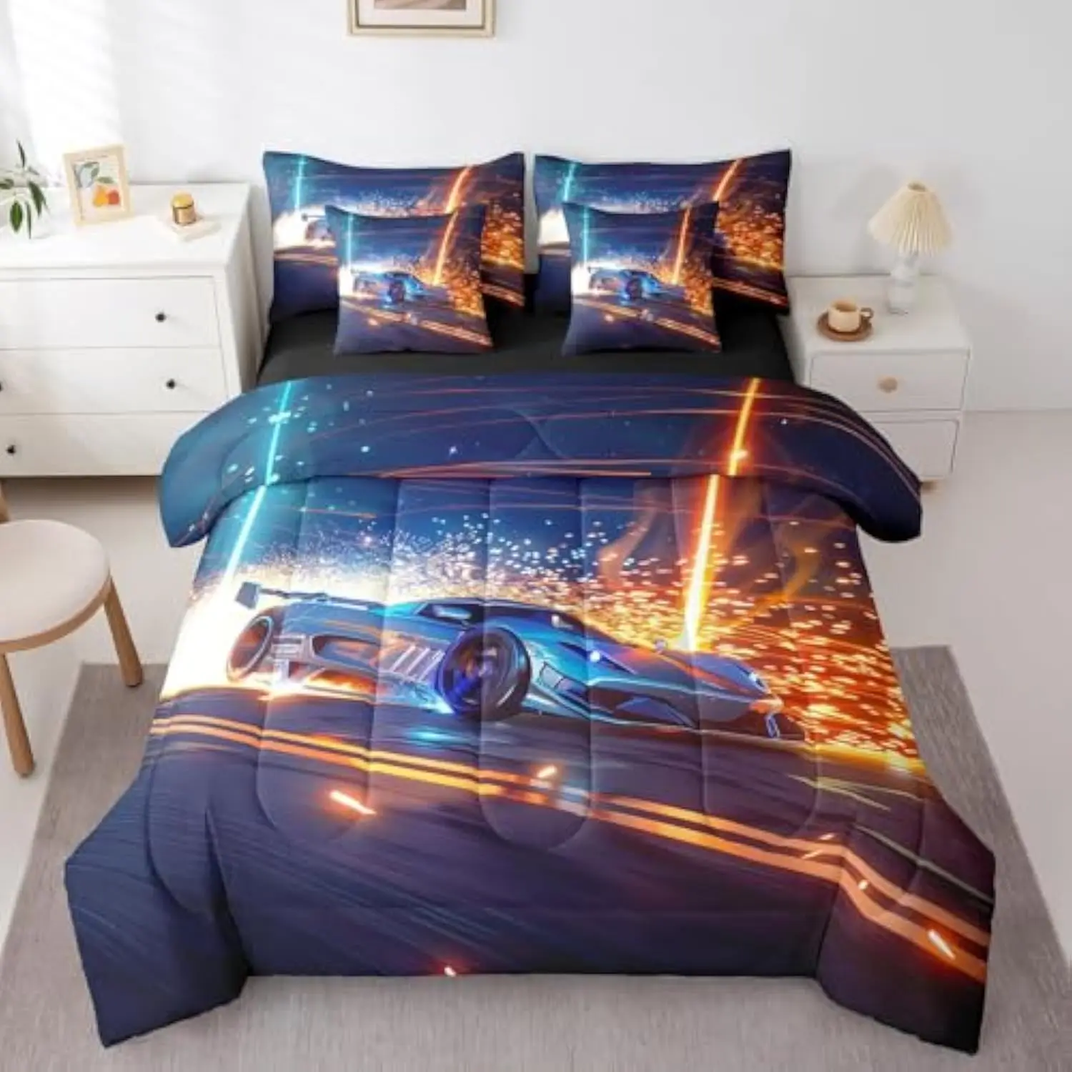 

Sports Car Queen Comforter Set - 7 Pieces Bed in a Bag Set,Racing Car Bedding Sets Queen with Extreme Sport Quilted Comforter,