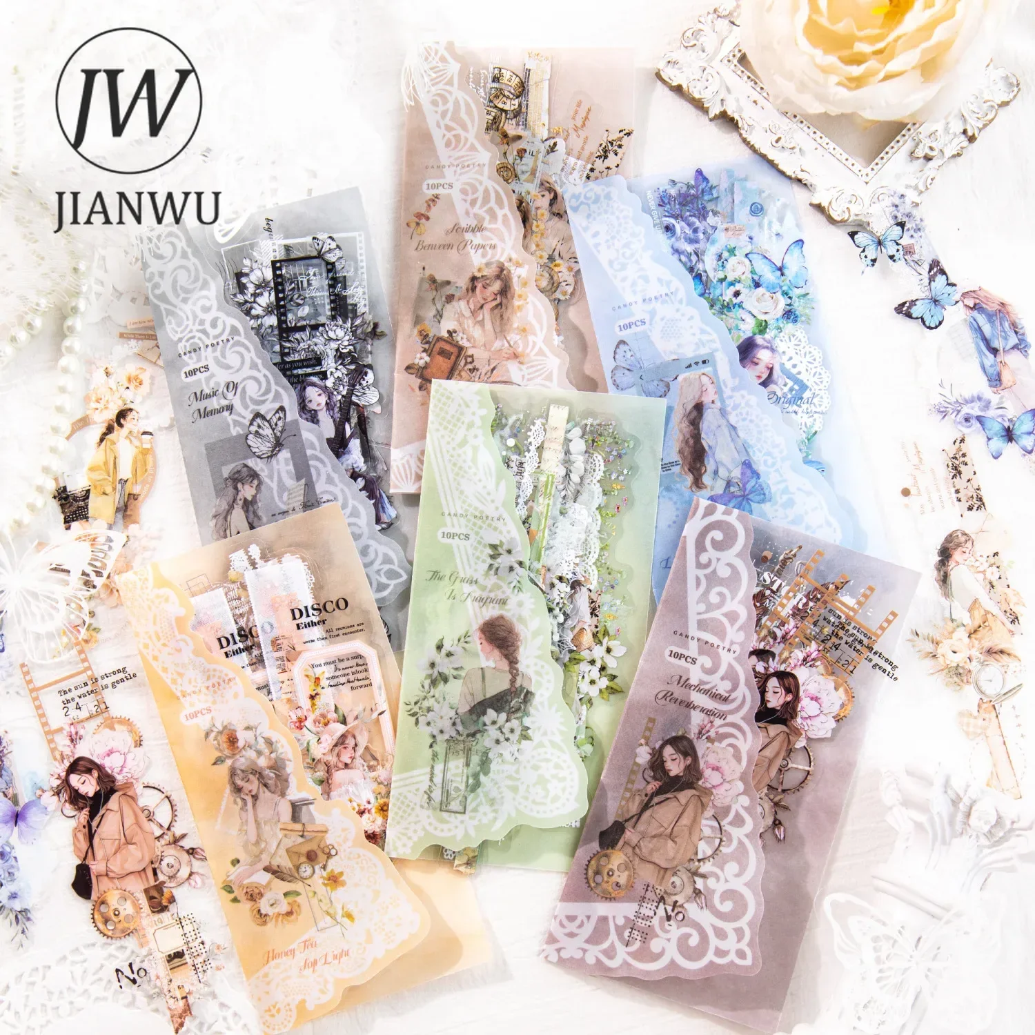 JIANWU Romantic Long Series Vintage Character Flower Lace Landscaping Material Collage PET Sticker Creative Journal Stationery