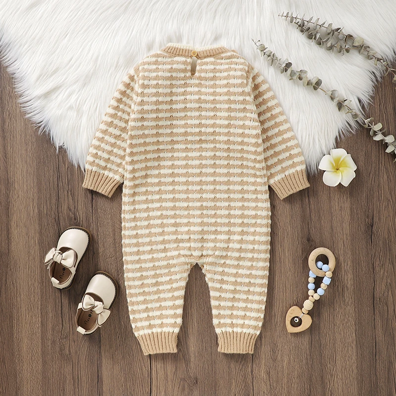 Newborn Baby Romper Knitted Infant Girls Jumpsuit 0-18M Long Sleeve Autumn Toddler Kid Clothes Fashion Striped Cute Tie Overalls