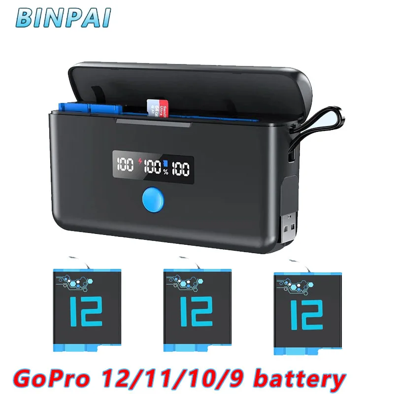 GoPro Hero 12/11/10/9 Battery USB and Type-C Fast Charger Functionwith Micro SD Card Read for GoPro 5 6 7 8 9 10 11 12 Camera