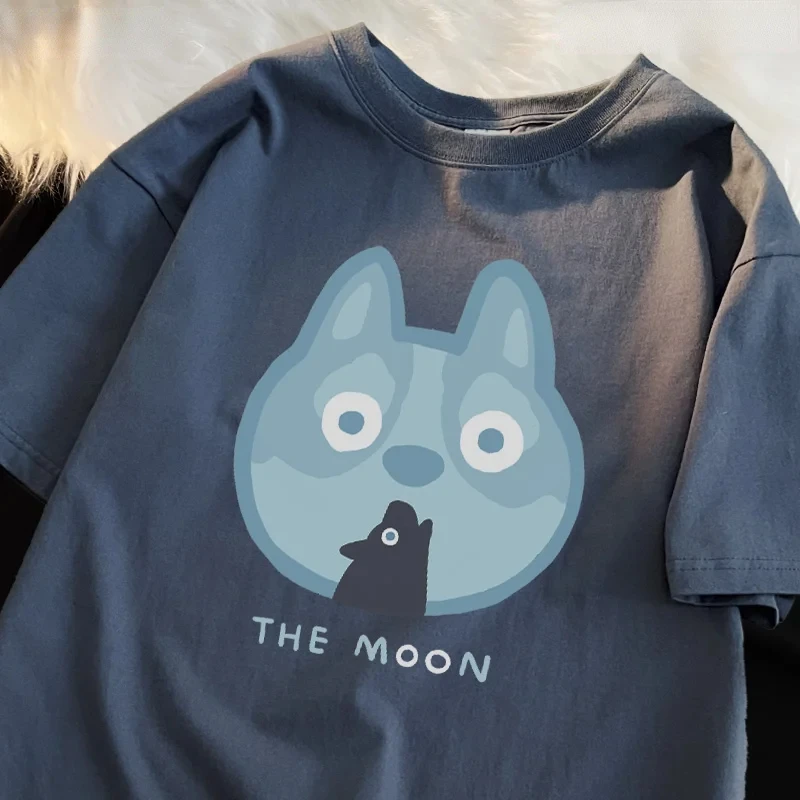 

Moon Black Dog Summer Pure Cotton Loose Short Sleeved T-shirt for Men and Women Japanese Fashion Moon Husky Dog Bark Print Top