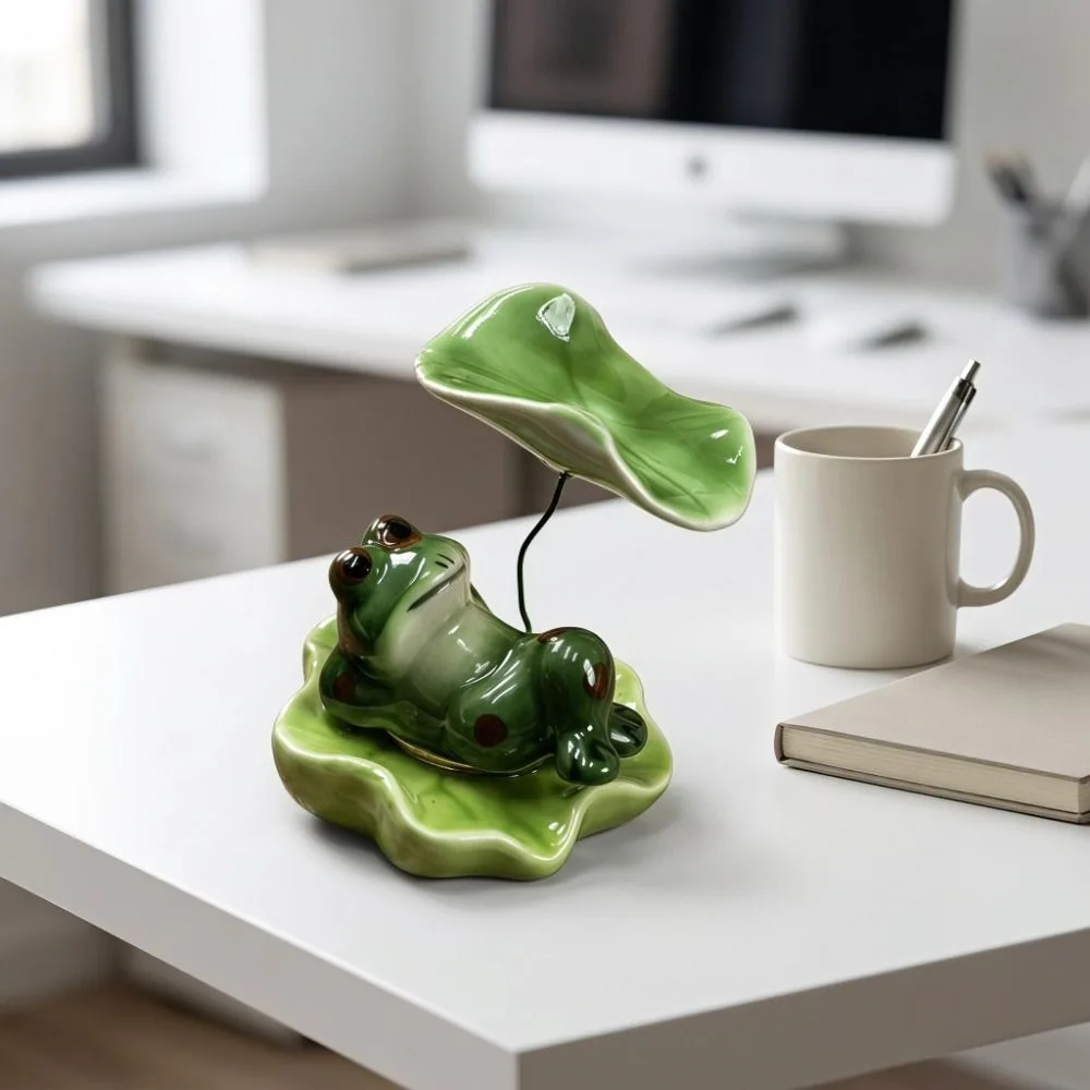 Decorative Ceramic Laying Frog Statue Lotus Leaf Funny Frog Rotating Home Ornaments Attract Wealth Desktop Decoration Gift