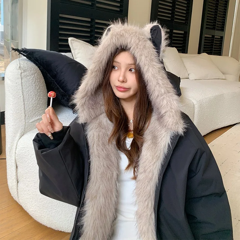 เสื้อแจ็คเก็ตผู้หญิงฤดูหนาวปี 2026 แบบหนา มีปกขนสัตว์ อุ่นสบาย มีซิป ฮู้ด สไตล์คู่รัก แฟชั่นลำลอง ทรงหลวม