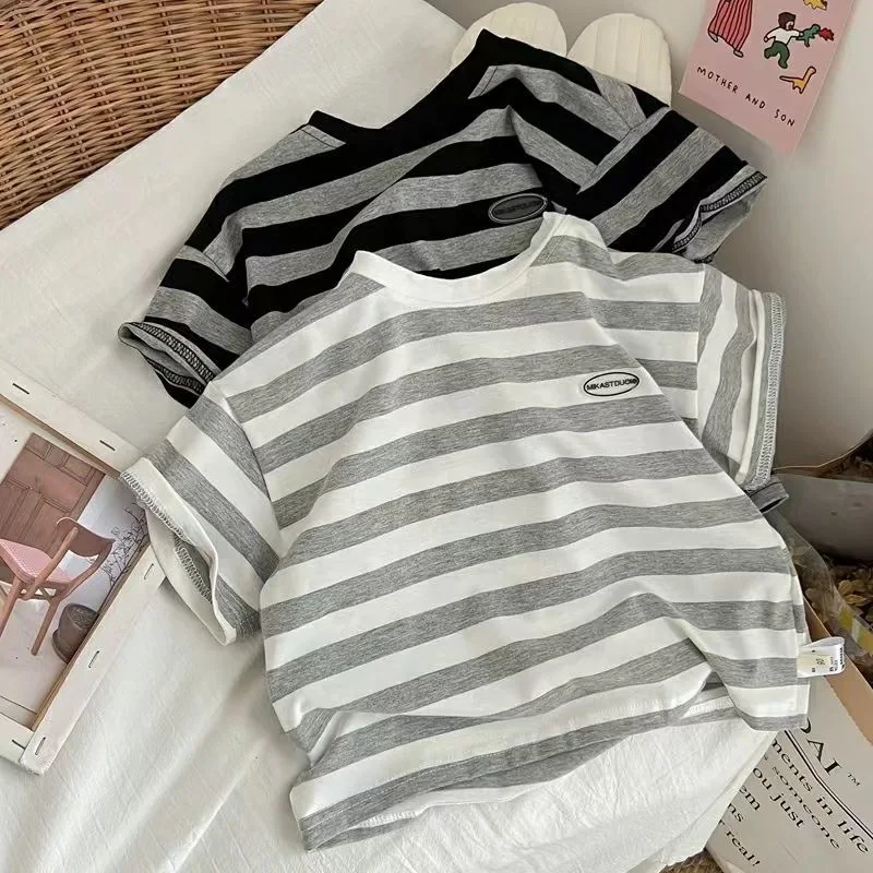 

( 1-7 Years ）Children's Short-sleeved T-shirt for Girls Korean Style Loose Striped Children's Clothing Summer Little Boy 2025