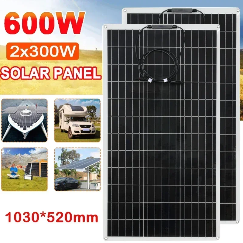 600W 300W(#100W) Flexible Solar Panel + Inverter for 12V Solars Cell Battery Charger System for Car Boats Marine Motorhome Vans