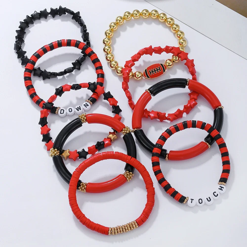 9-Piece Baseball Bracelet Multi-Layer Wear Crystal Love Pentagram Letter Polymer Clay Friendship Elastic Bracelet for Female