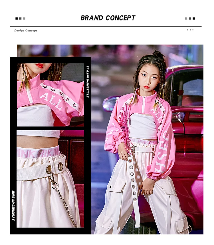 Ubrania do hip hopu dla dziewcząt, różowe stroje do tańca ulicznego, kostiumy sceniczne, ubrania do tańca jazzowego na Dzień Dziecka, odzież festiwalowa, strój Kpop yj263