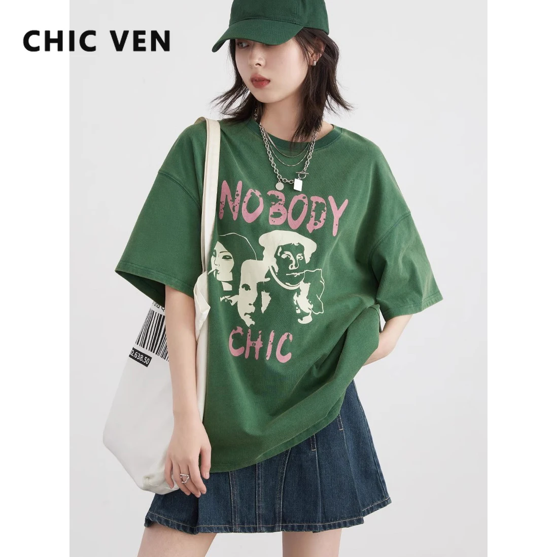 CHIC VEN Women Tees Casual Retro Cotton Printed Short Sleeved T-shirt Loose Medium Length Ladies Top Summer 2024 Girl Clothing