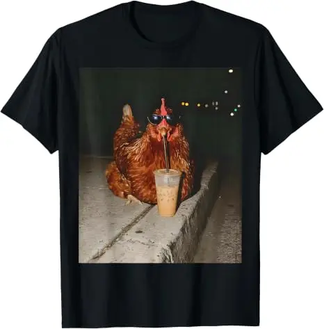 Huhn trinkt Eiskaffee, lustiges Hühnerliebhaber-Bauern-T-Shirt, Y3k-Hahn-Humor, ästhetische Kleidung, Neuheitsgeschenk, kurze Ärmel – Detail 7