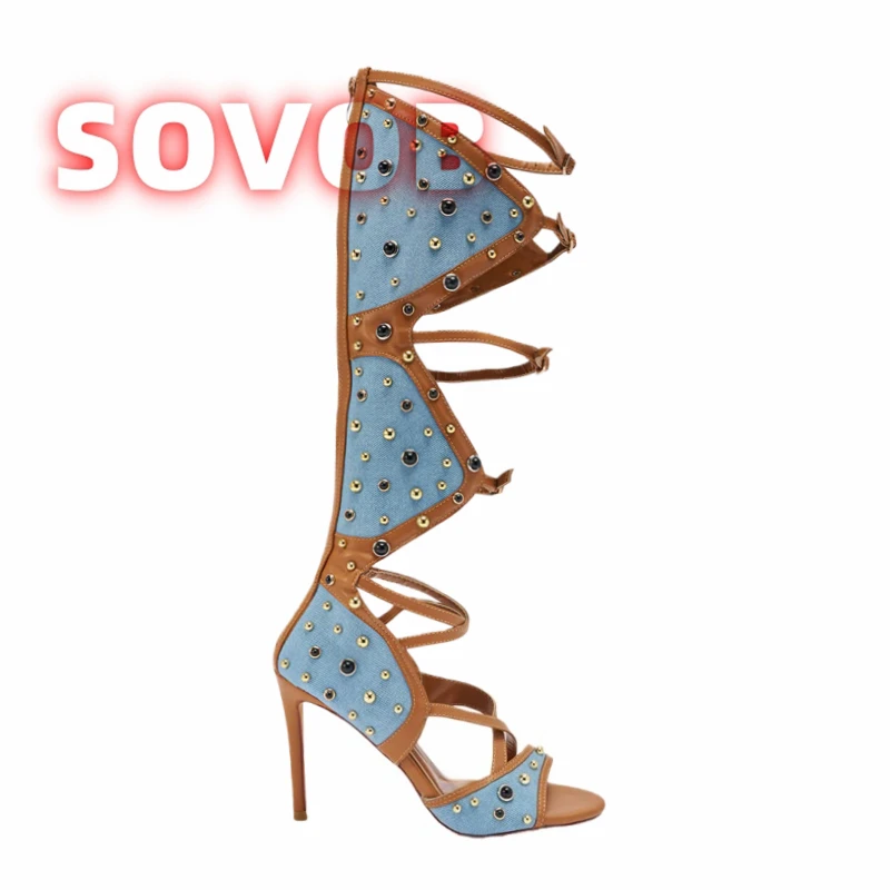 Denim High Heel Sandals,Metallic Studs Gladiator Sandals,Sexy Cut-out Knee-High Shaft Sandals,New Round Toe Stiletto Heel Sandal